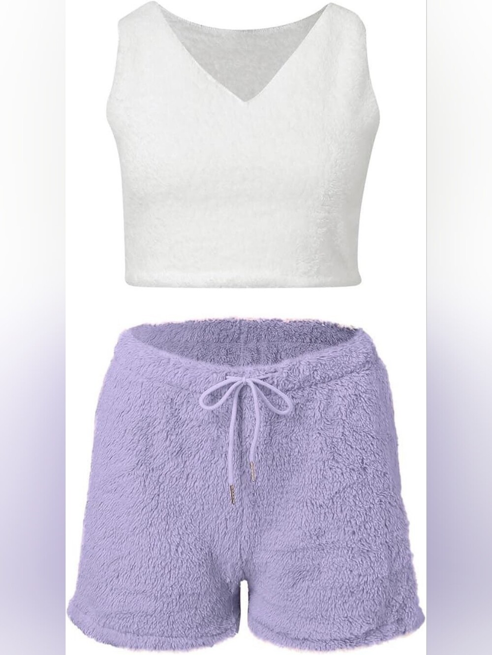 Cozy Lilac Plush Shorts Set with White Crop Tank